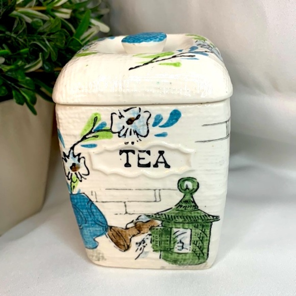 Vintage Provincial bright green, blue & off white ceramic tea storage container